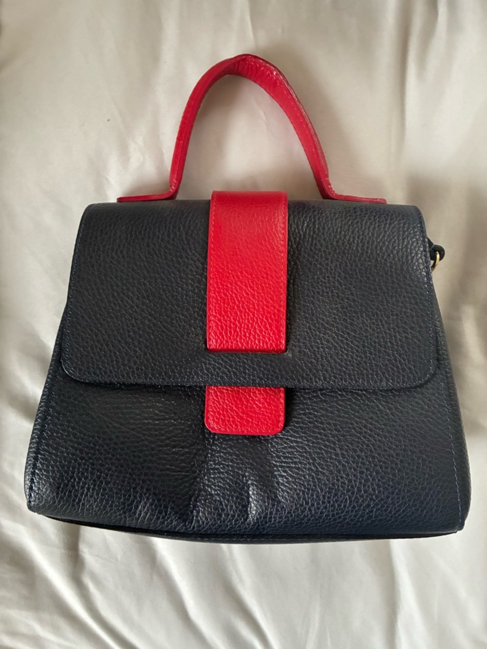 Navy and Red Pebbled Leather Top-Handle Women's Bag